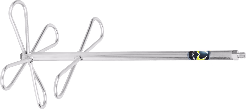 Close-up of a metal mixing paddle attachment for a drill on a white background. The tool features a long cylindrical steel shaft with a threaded end and hexagonal nut for fixing. At the other end there are two rows of three teardrop-shaped looped wire blades welded symmetrically around the shaft to create a six-blade mixing head. The paddle appears zinc-plated or chrome-finished with visible welds and a small maker's label near the threaded end. Intended for mixing paint, plaster, cement, mortar, adhesives and other viscous substances with a handheld drill, delivering vigorous circulation and reduced air entrainment.