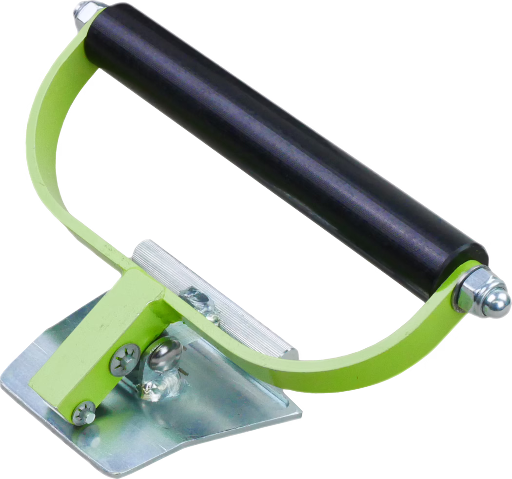 Close-up of a handheld roller tool: a black cylindrical rubber roller mounted in a lime-green U-shaped metal frame with chrome bolts at each end. The frame connects to a small angled silver mounting plate with visible screws and a welded joint. A textured silver clamp sits near the base of the roller. The image shows clear details of the paint finish, metal hardware and the roller's pivot points on a white background, emphasising the tool's compact, durable construction for pressing or smoothing surfaces.