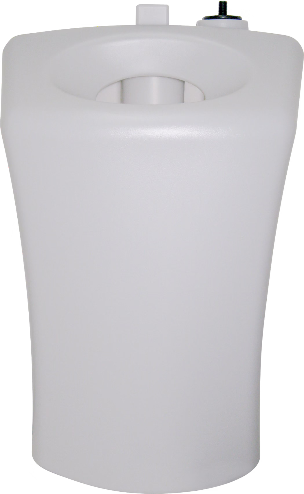 WOLFF_Dummy_59831_Cleaning tank_2025-08 A tall white plastic container with a gently tapered cylindrical shape, a circular recessed opening at the top and a small threaded valve or connector near the rim; matte textured surface, photographed on a white background.