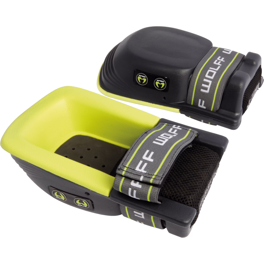 Close-up of a pair of bright yellow and black protective knee pads with adjustable grey straps printed with the brand name, textured yellow outer shells, black cushioned inner pads with ventilation holes, and small circular brand buttons on the side; shown on a white background.
