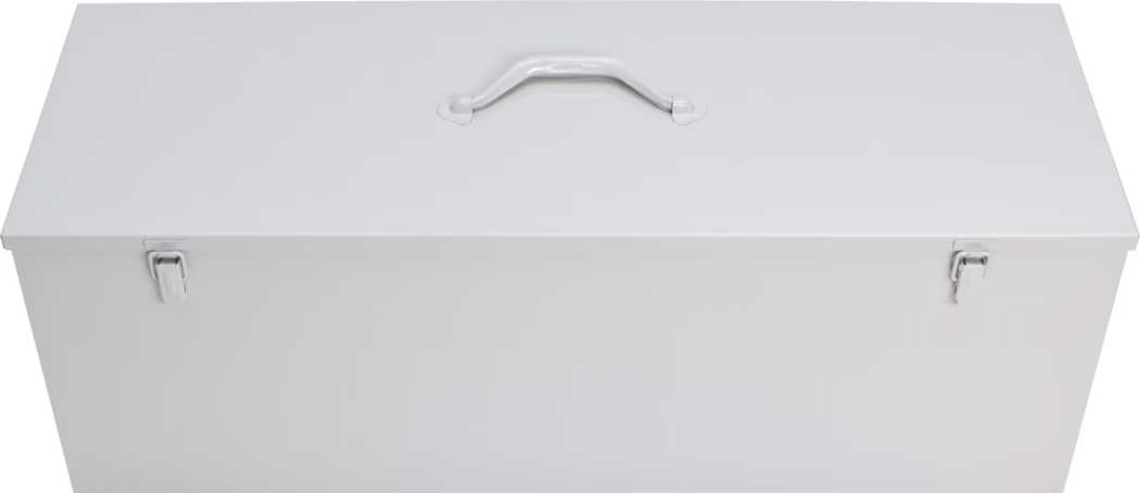 White metal storage chest with a hinged lid, central handle on top and two front clasps, photographed from above on a white background.