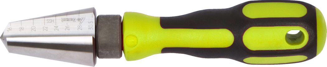 A precision screwdriver featuring a metallic conical tip labeled with measurement increments and a bright yellow ergonomic handle for better grip.