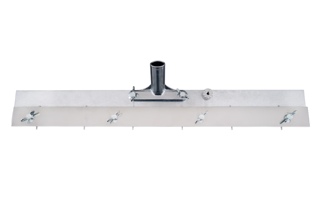 WOLFF_Dummy_51318_Large surface scraper_2025-08 A heavy-duty metal floor squeegee head photographed on a white background. The product consists of a long rectangular galvanized steel blade with a central tubular socket for a handle, mounted on a reinforced bracket. A replaceable rubber or felt strip is fixed to the lower edge and secured with several wing nuts and small screws visible along the front. The surface shows a raw metallic finish and functional fasteners; the design is intended for smoothing, scraping or removing water, slurry and debris from floors during construction and cleaning tasks.