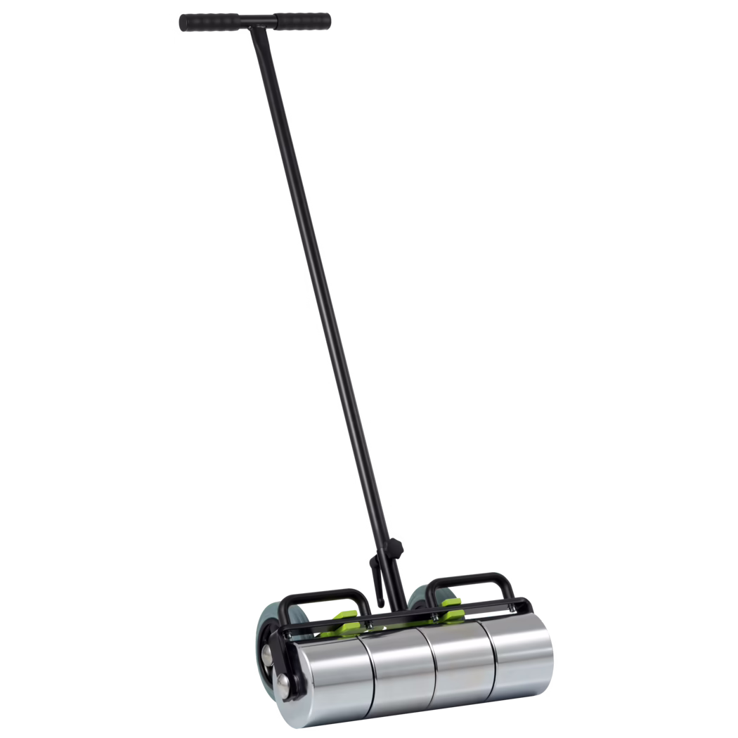 WOLFF_Dummy_56401_Pressure roller with transportation wheels_2025-08 Black T-handle lawn/garden roller with foam grips and a long angled shaft; three polished metal cylindrical rollers mounted in a black frame with small support wheels, shown on a white background.