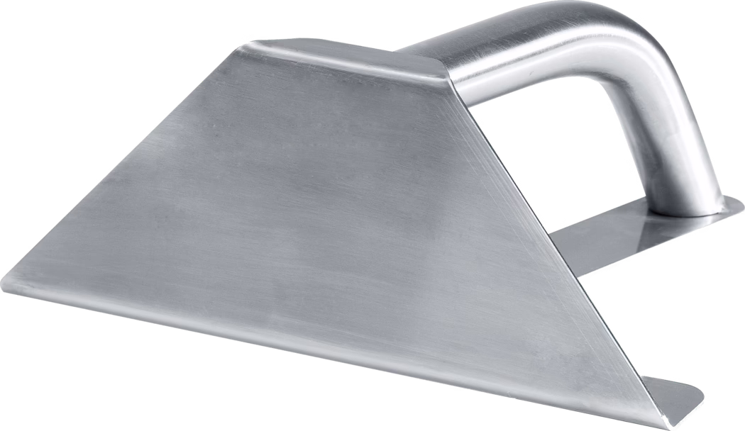 WOLFF_Dummy_60890_Wallmaster_2025-08 Close-up of a heavy-duty triangular stainless steel hand scraper. The tool has a broad, flat, slightly angled blade with a fine brushed metal surface and a thin lower edge, attached to a rounded tubular handle by a flat support bar. The handle is ergonomically curved and welded to the support plate, showing a satin finish with subtle machining marks. The overall design is minimalist and industrial, suggesting use for scraping, lifting, smoothing or removing residues on flat surfaces in kitchen or workshop settings.