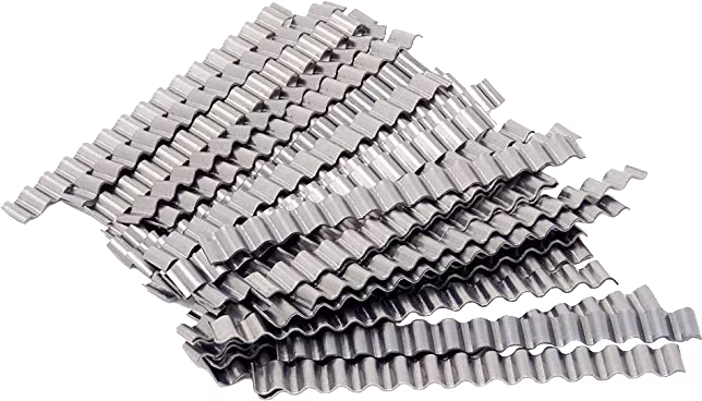 Close-up of a stack of corrugated metal strips with a wavy profile, silver-grey colour and reflective surface; the strips are unevenly layered, showing distinct ridges and grooves, likely stainless or galvanised steel for construction or industrial use.
