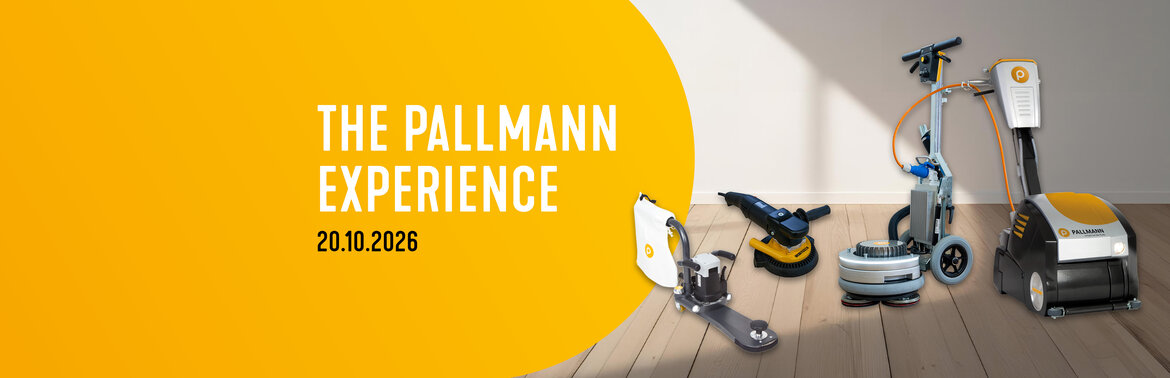 Four floor sanding and cleaning machines are displayed on a wooden floor, with a yellow and white banner reading The Pallmann Experience 20.10.2026 on the left side.