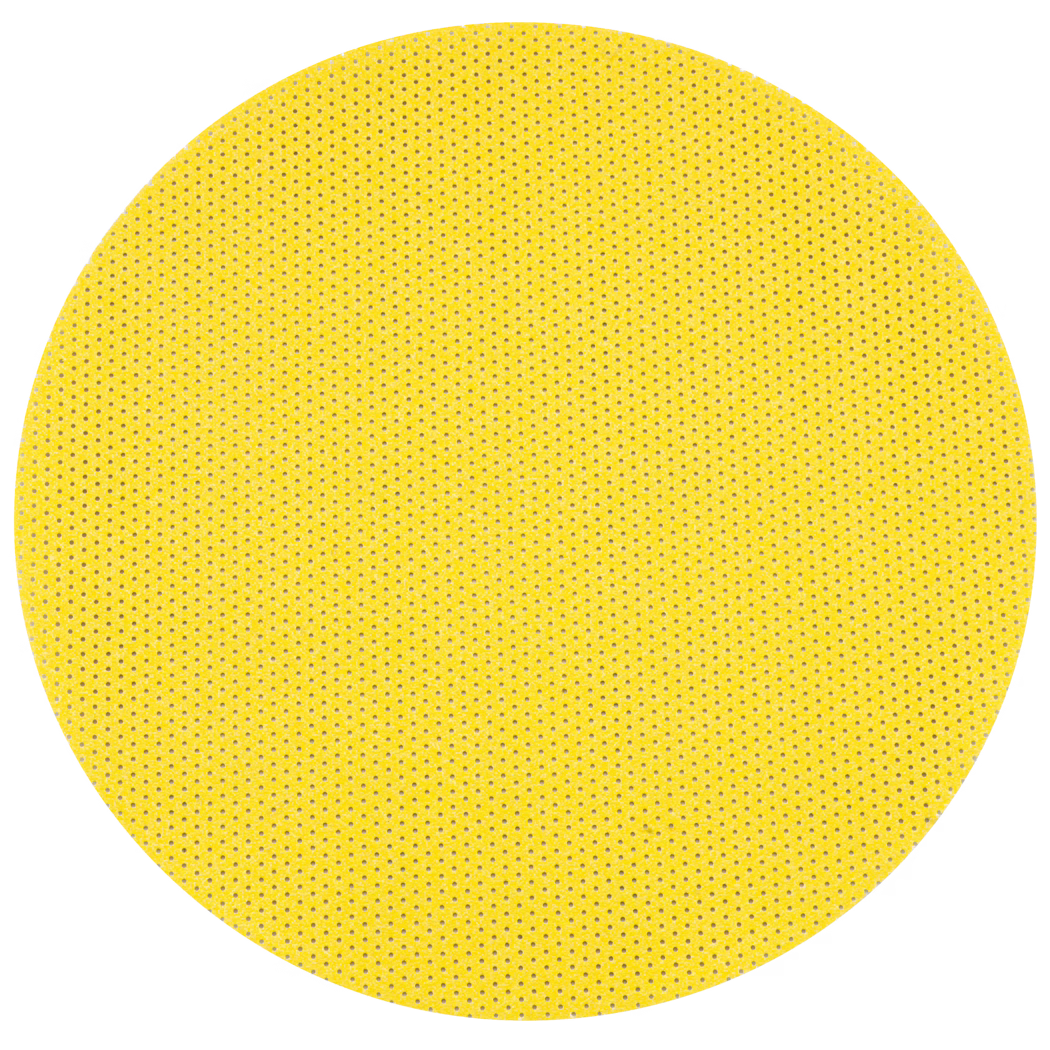 WOLFF_Dummy_40775, 40776, 40777, 70754, 40778, 40720, 40741, 40742, 40743, 40744, 40745, 40746, 40747, 40478, 40479_perforated pads_2025-08 A vibrant, textured yellow circle filled with small perforations, giving it a unique and visually engaging surface.