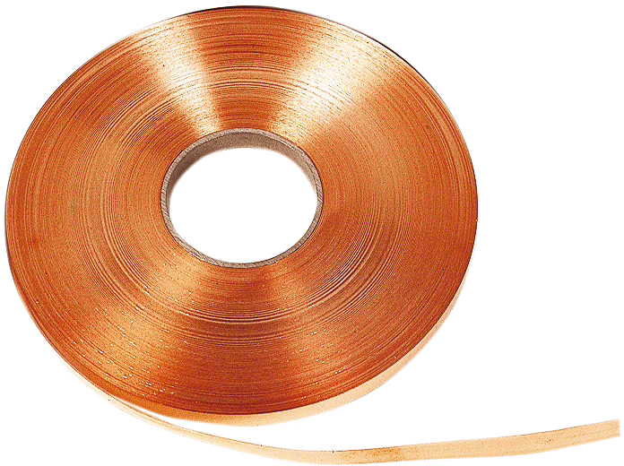 WOLFF_Dummy_13594_13595_copper band_2025-08 Close-up of a large roll of narrow metallic copper-colored ribbon or tape on a white background, showing the fine concentric texture of the top surface and a short loose end extending outward.