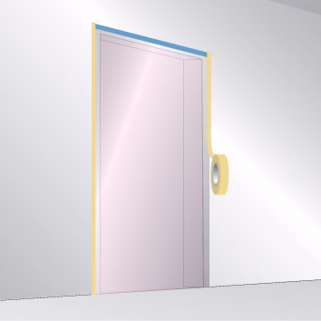 Close-up of a doorway masked for painting: the door and frame are covered with a pink protective film and yellow masking tape along the edges; a roll of yellow masking tape is attached to the wall next to the frame. The surrounding wall is light gray and the floor is visible at the bottom.