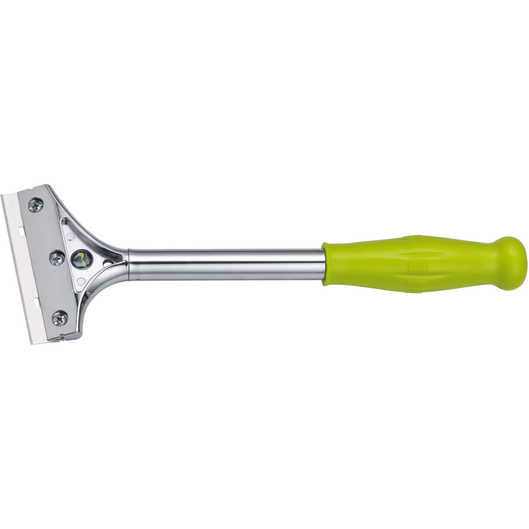 WOLFF_Dummy_51505_Hand Scraper_2025-08 A stainless steel scraper with a green ergonomic handle, designed for effective cleaning. The scraping blade is wide and sharp, ideal for removing tough dirt or residue from surfaces.