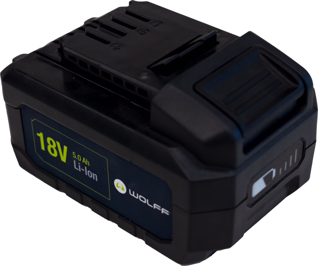 Close-up of a black 18V lithium-ion power tool battery pack photographed on a white background. The rectangular plastic housing shows a textured release latch on top, multiple ventilation slots and recessed charging contacts in the connector area. A blue side label reads '18V 5.0 Ah Li‑Ion' in yellow and white lettering; the casing features molded ribs and rubberized corners for durability, with minor scuffs and a matte finish.