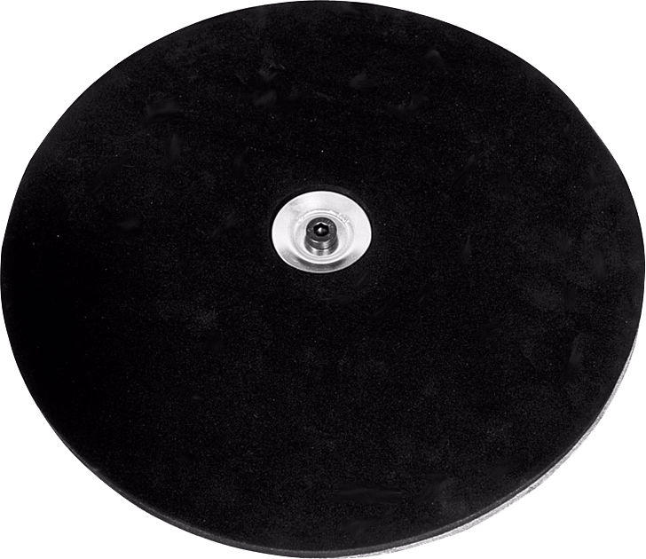 A circular black rubber pad with a slightly textured surface and a metal threaded connector in the center surrounded by a silver washer; photographed from above on a white background.