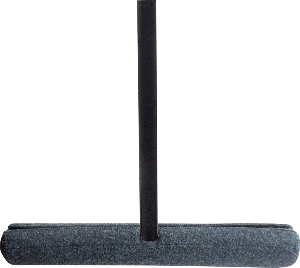 Close-up of a vertical black cylindrical rod attached to a rectangular dark grey felt-covered base; minimalist stand on a white background.